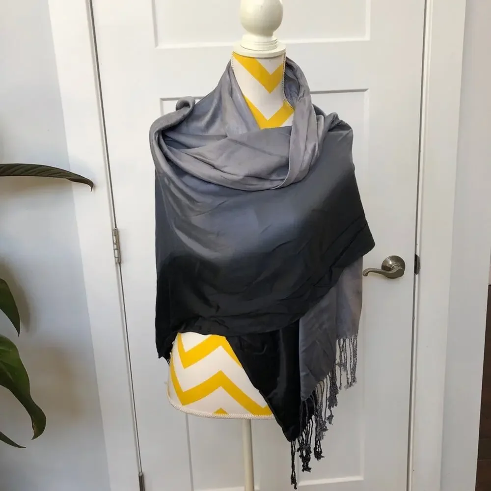 Gray Ombre Wrap Scarf w/ Fringe Shades of Grey to Black 100% Rayon Dry Clean